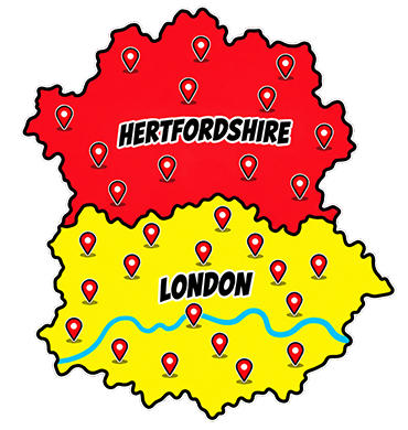 Map of Pixel Pop's London and Hertfordshire service area